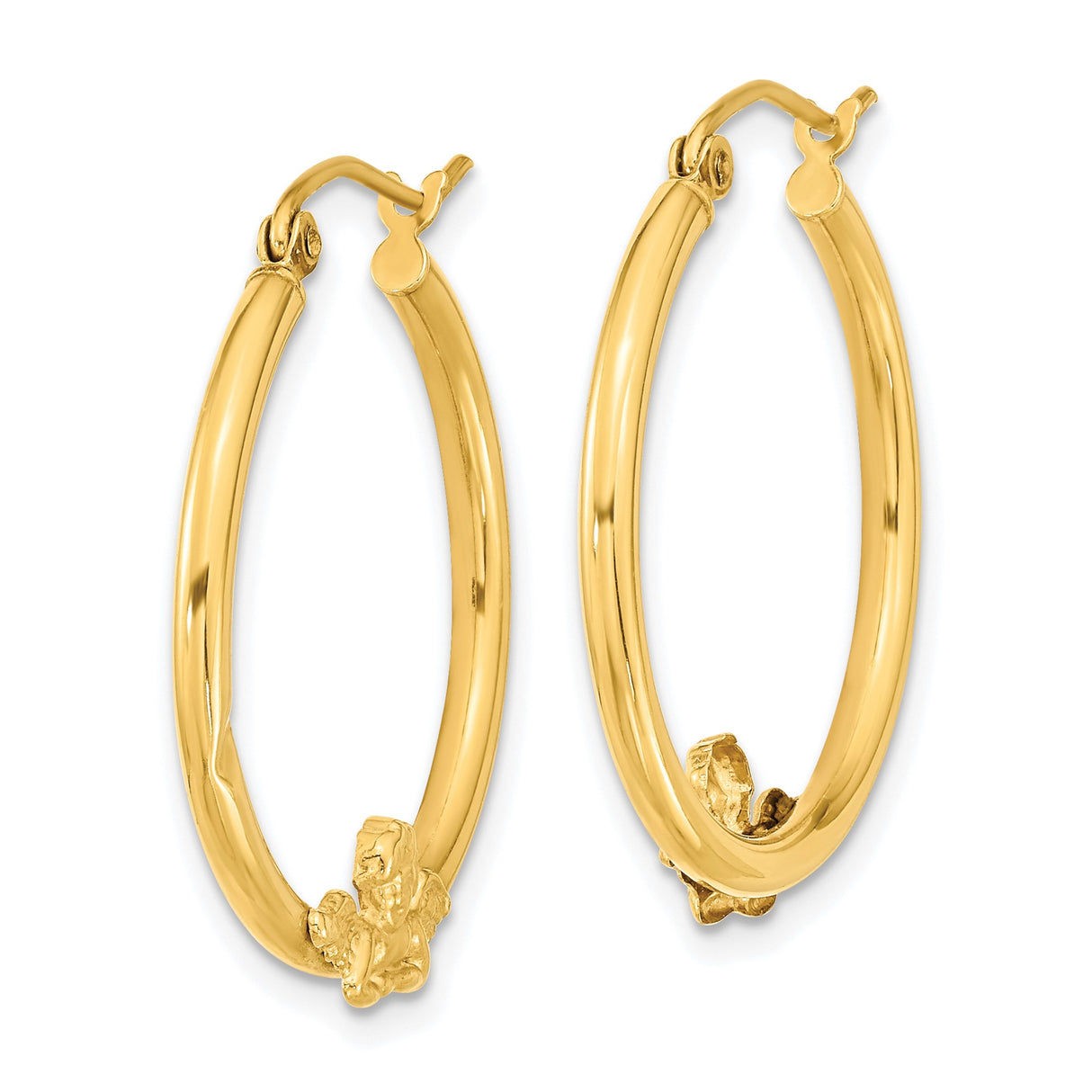 10k Yellow Gold Hoop Earrings with Cherub Angel Design, Christian Spiritual Jewelry for Women