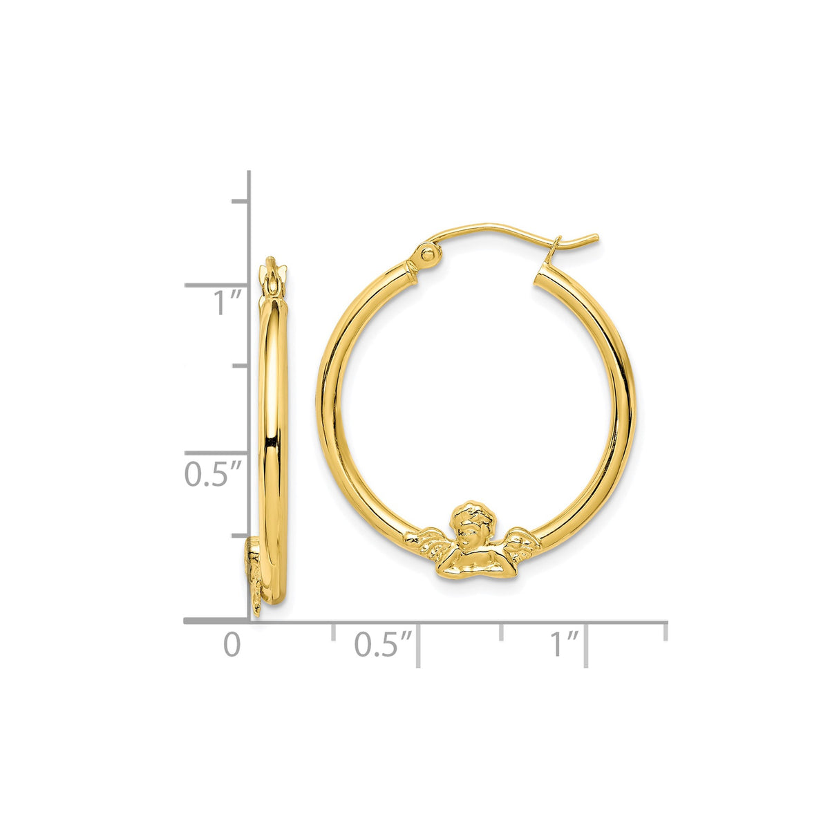 10k Yellow Gold Hoop Earrings with Cherub Angel Design, Christian Spiritual Jewelry for Women