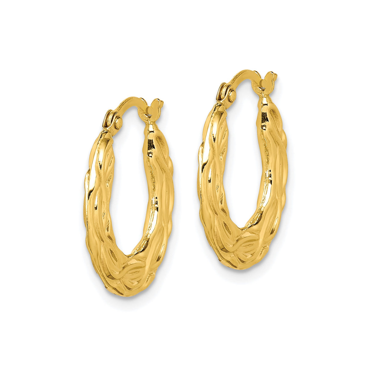 10k Yellow Gold Hoop Earrings with Twisted Leaf Motif, Polished Organic Design