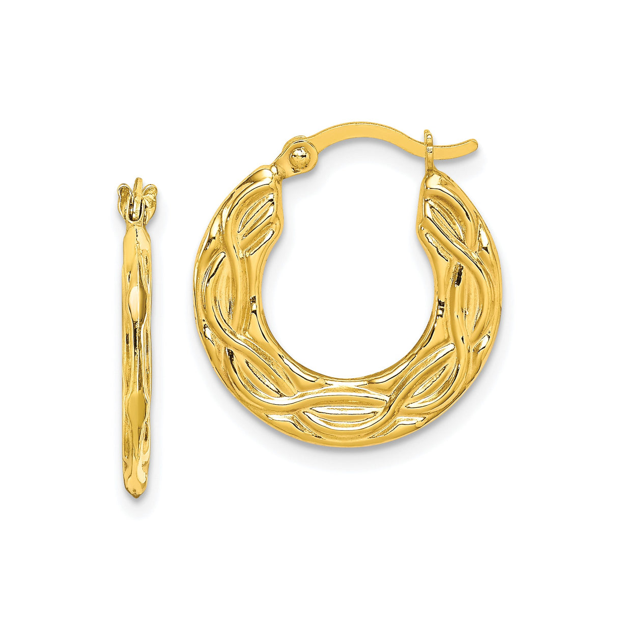 10k Yellow Gold Hoop Earrings with Twisted Leaf Motif, Polished Organic Design