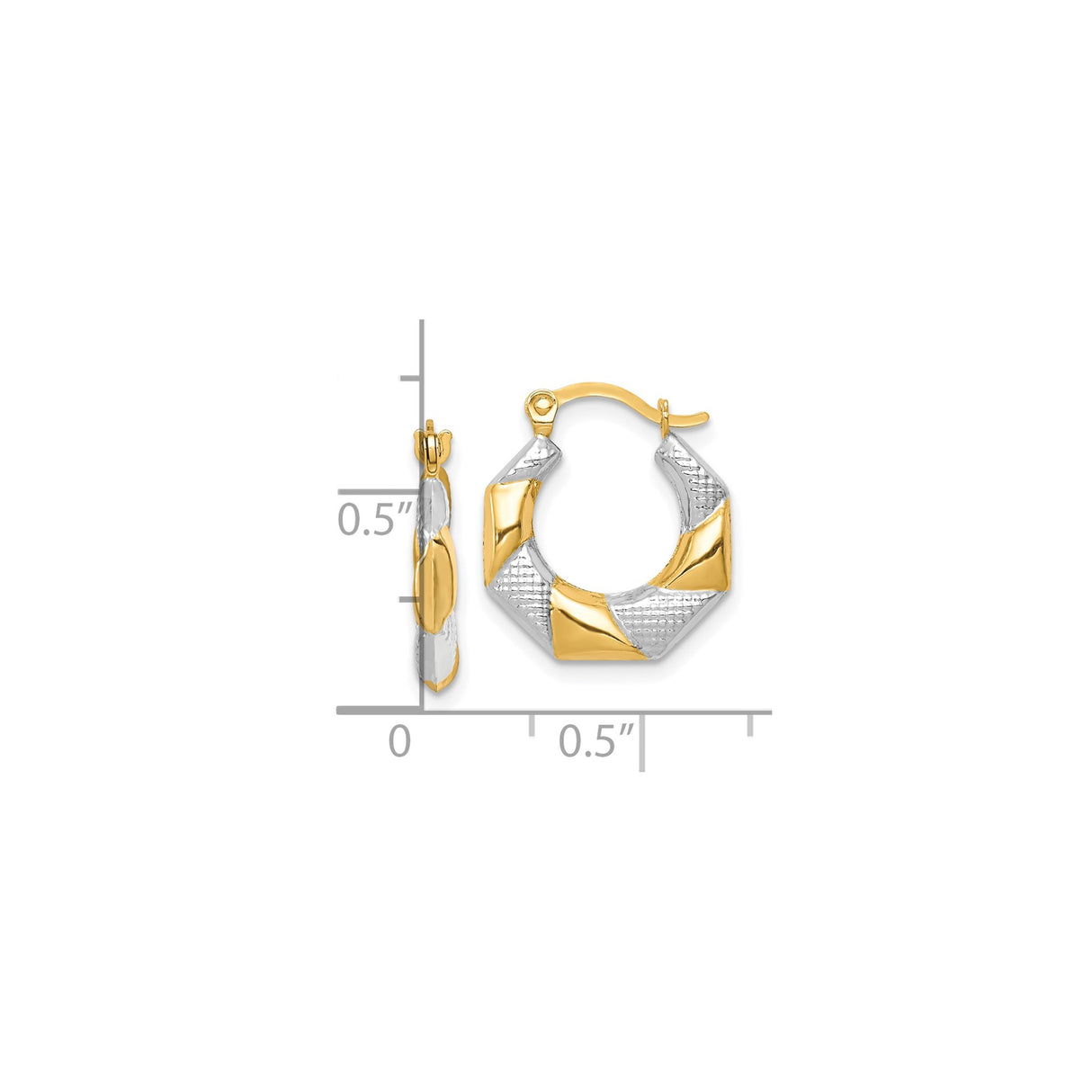10k Yellow Gold Twisted Hoop Earrings with Rhodium Two-Tone and Textured Geometric Design