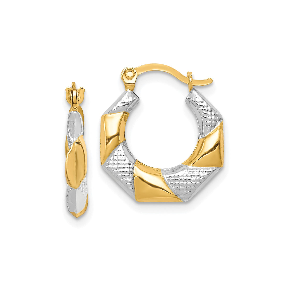 10k Yellow Gold Twisted Hoop Earrings with Rhodium Two-Tone and Textured Geometric Design