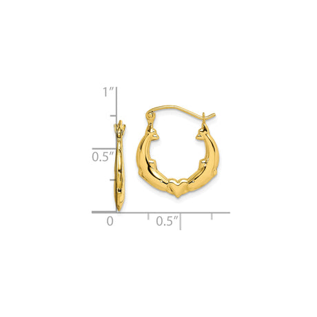 10k Yellow Gold Heart Hoop Earrings with Dolphin Motif, Marine Theme for Women