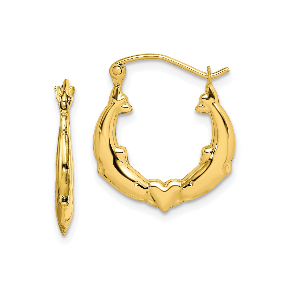 10k Yellow Gold Heart Hoop Earrings with Dolphin Motif, Marine Theme for Women