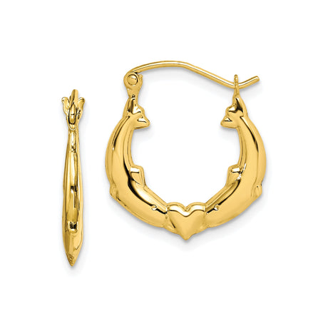 10k Yellow Gold Heart Hoop Earrings with Dolphin Motif, Marine Theme for Women