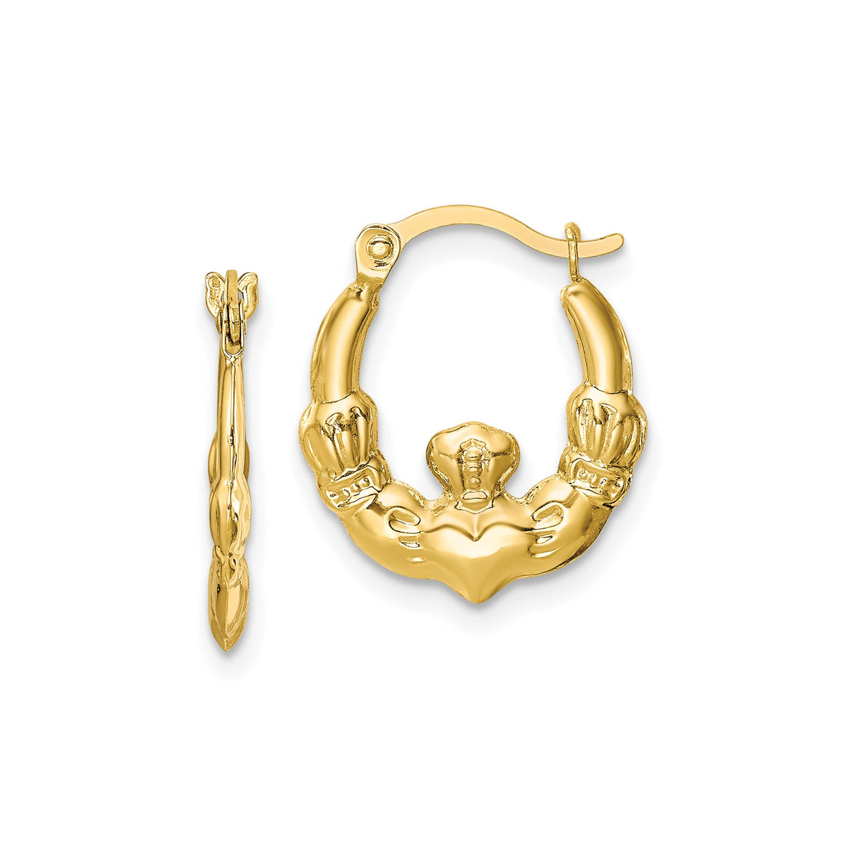 10k Yellow Gold Claddagh Hoop Earrings, Celtic Heart and Crown Design for Women