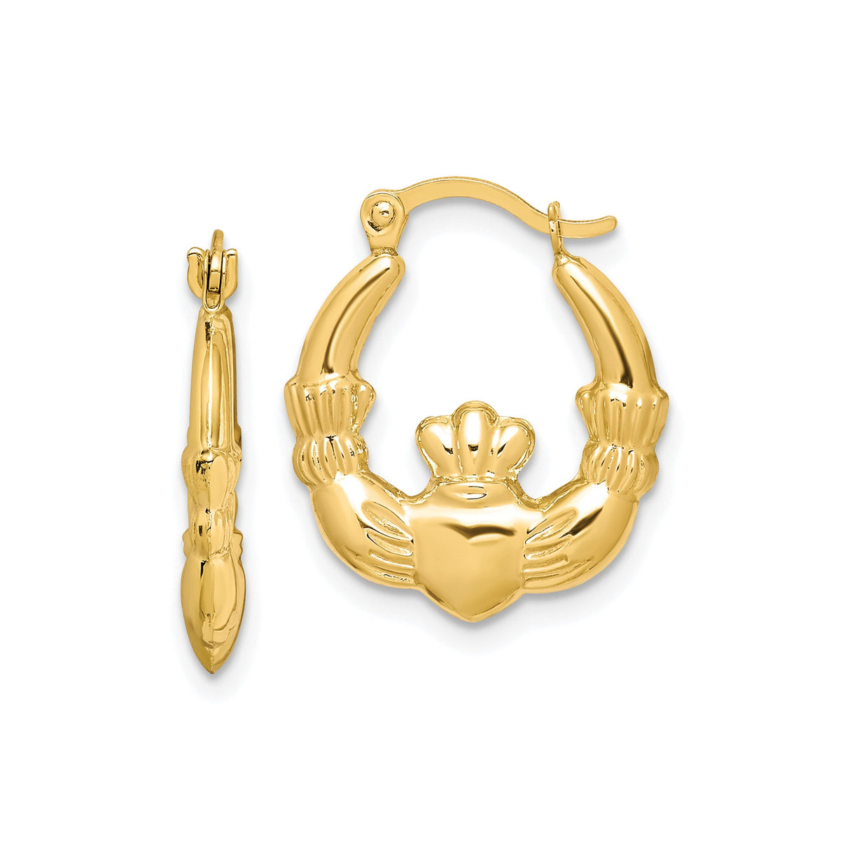 10k Yellow Gold Claddagh Hoop Earrings with Heart and Crown Celtic Design for Women