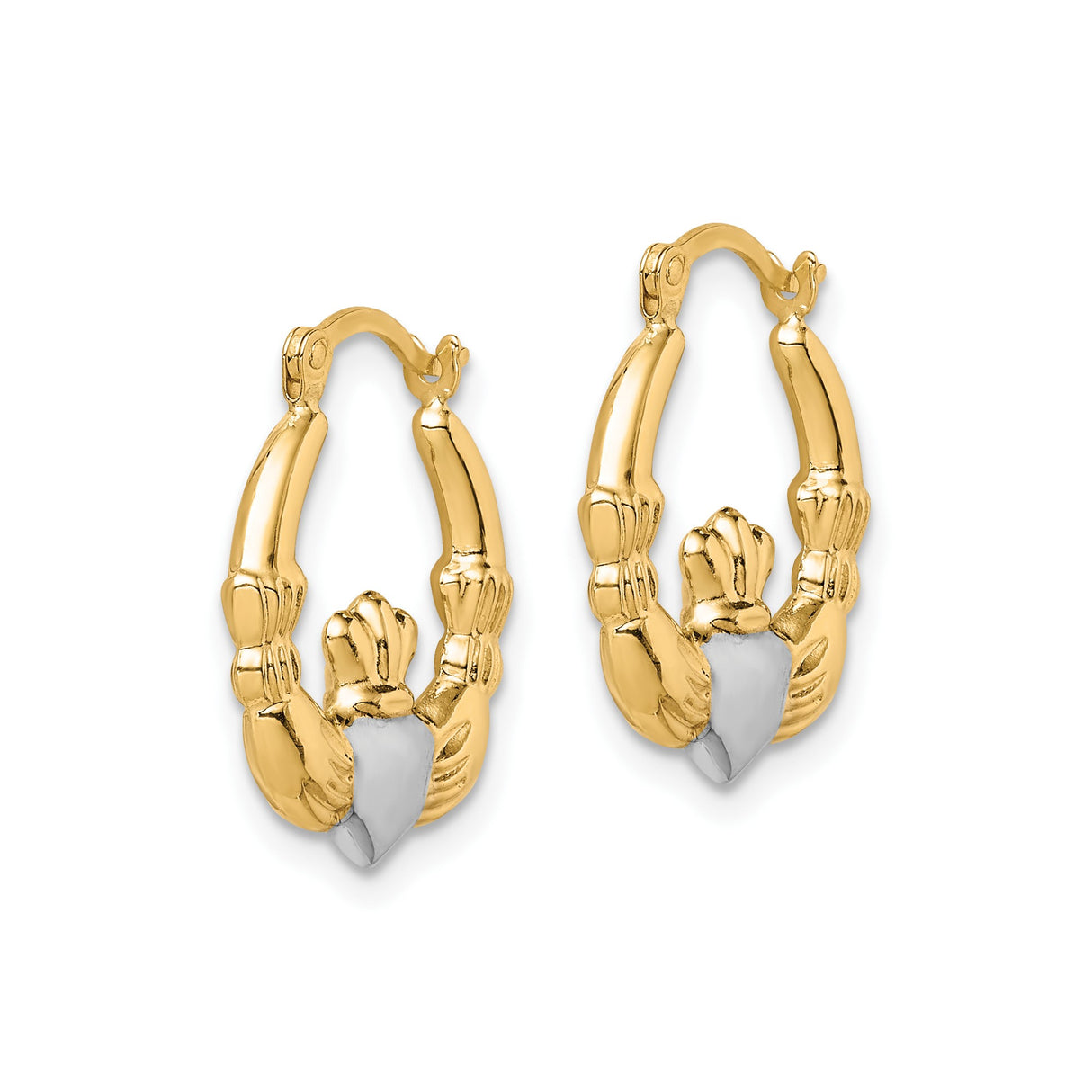 10k Yellow Gold Claddagh Hoop Earrings with Rhodium Finish, Heart Crown Hands Design
