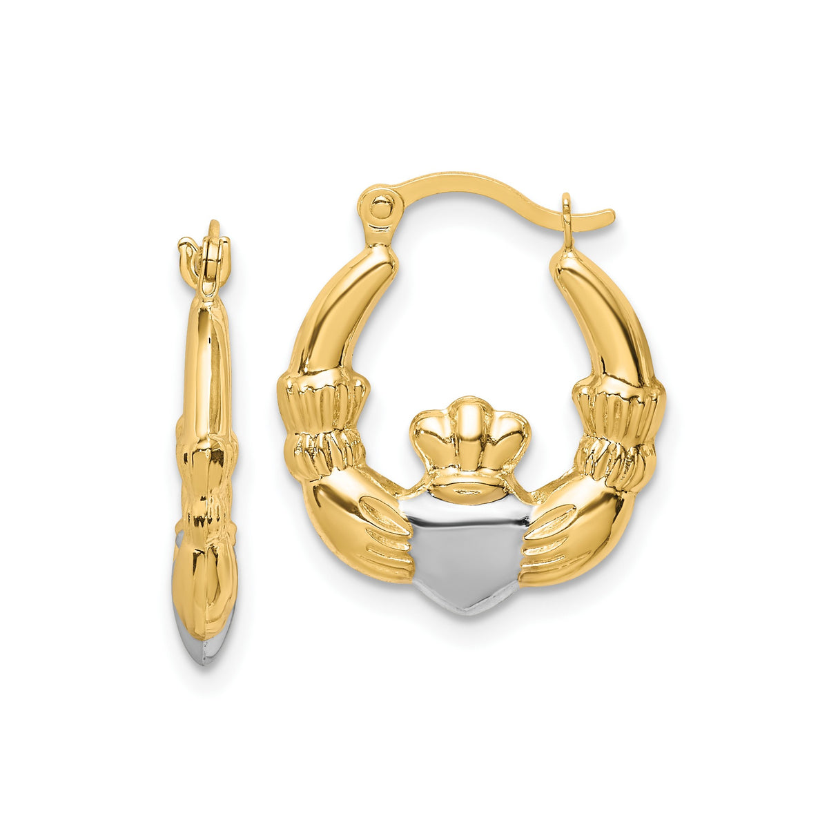 10k Yellow Gold Claddagh Hoop Earrings with Rhodium Finish, Heart Crown Hands Design