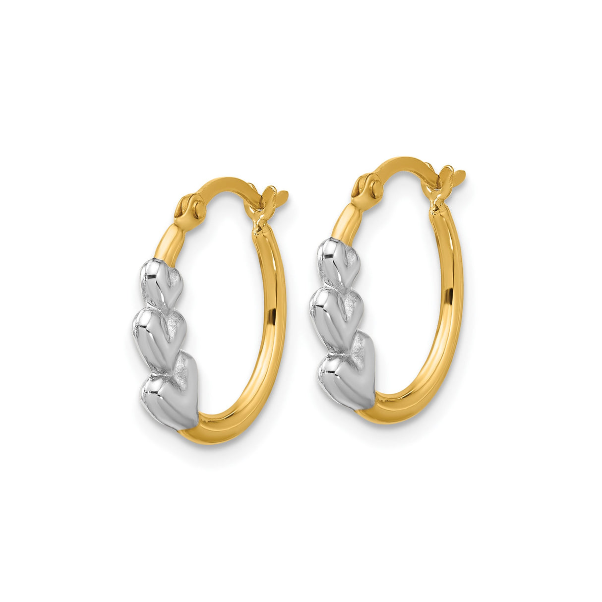10k Yellow Gold Hoop Earrings with Rhodium and Polished Silver Tone Heart Accents