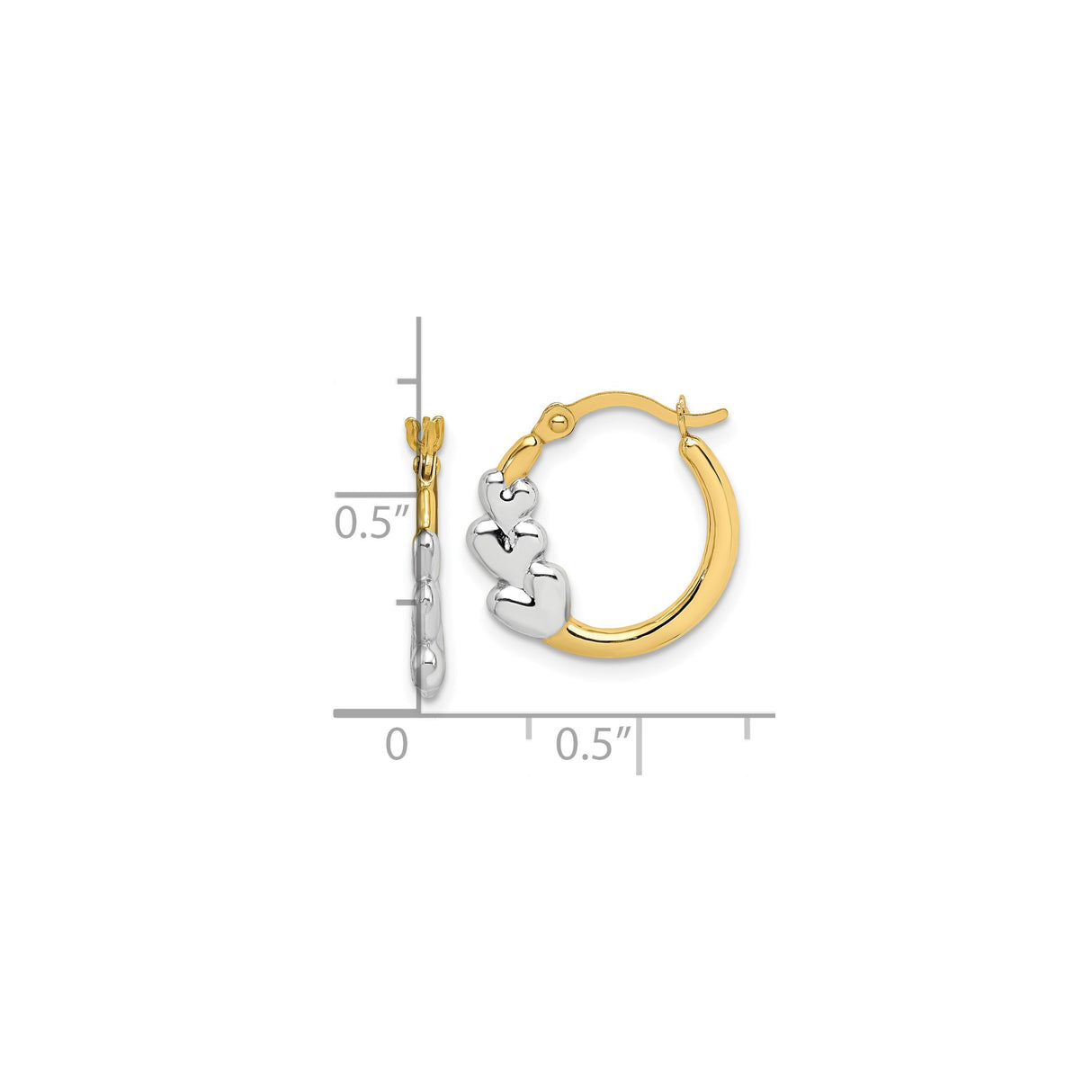 10k Yellow Gold Hoop Earrings with Rhodium and Polished Silver Tone Heart Accents