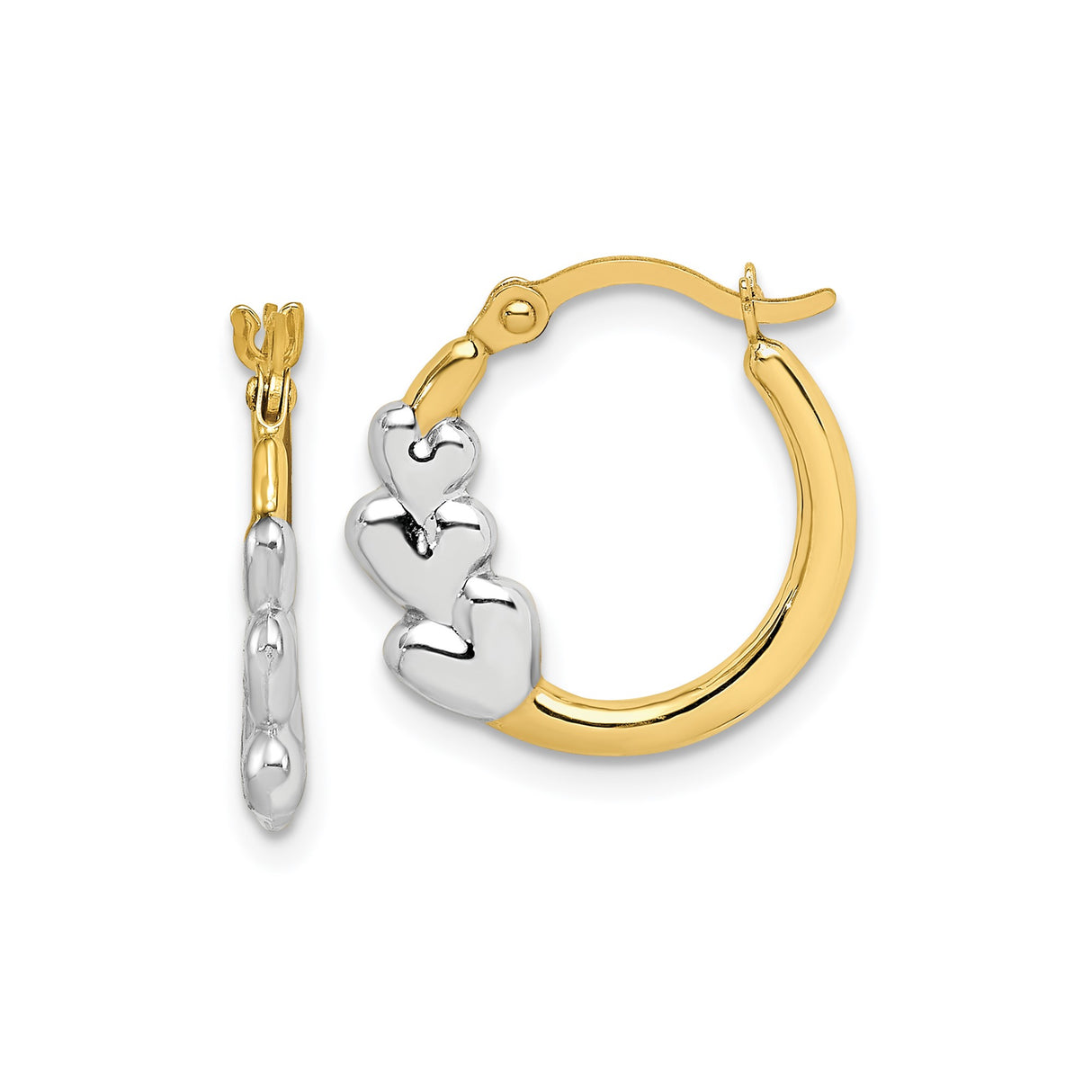 10k Yellow Gold Hoop Earrings with Rhodium and Polished Silver Tone Heart Accents