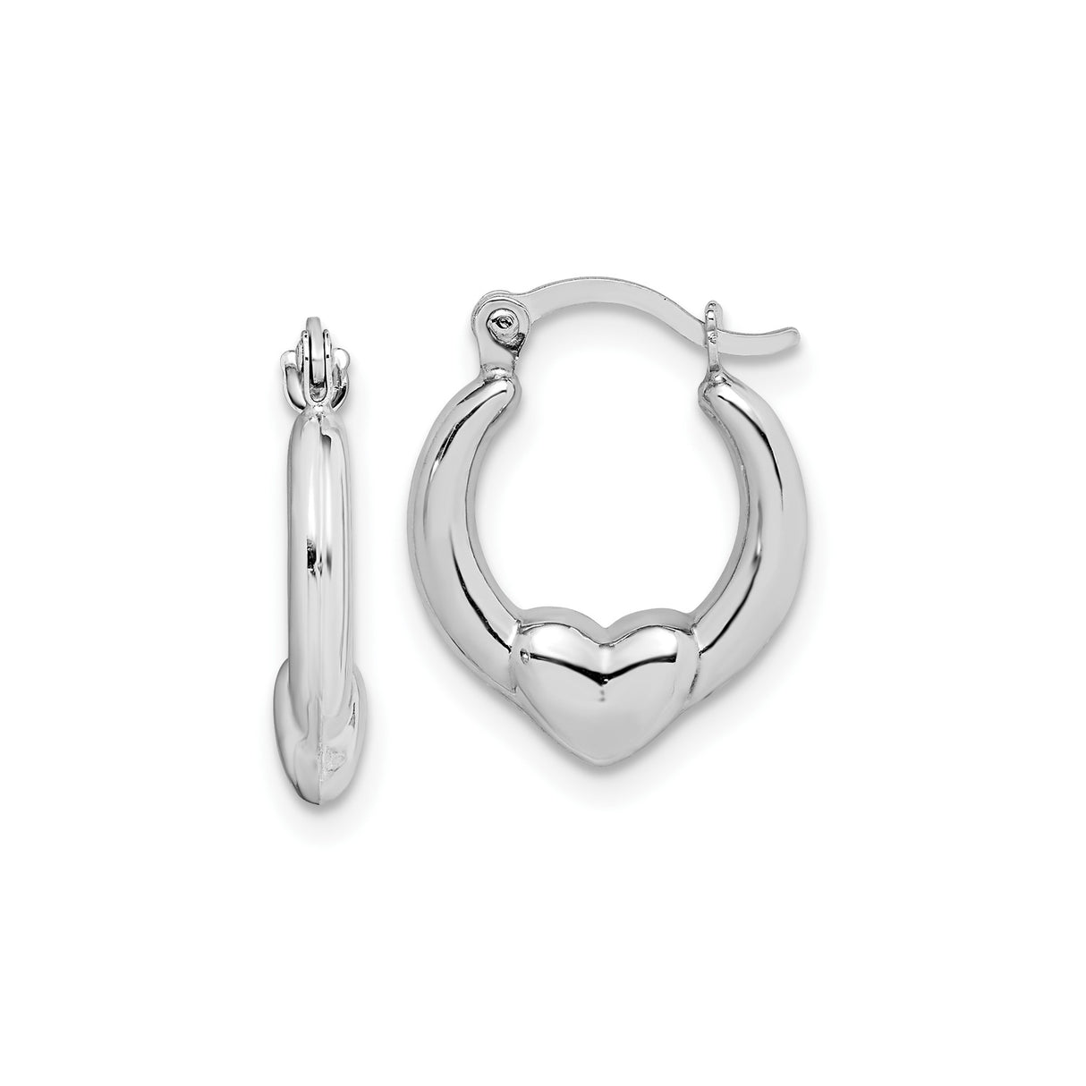 10k White Gold Heart Hoop Earrings with Hinged Clasp, Polished Finish for Women