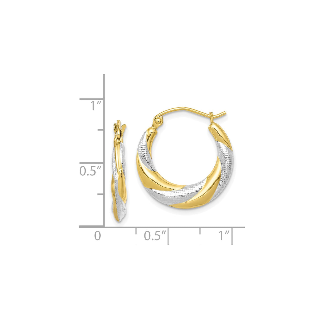 10k Yellow Gold Twisted Hoop Earrings, Two-Tone Rhodium Finish, Textured and Polished Design