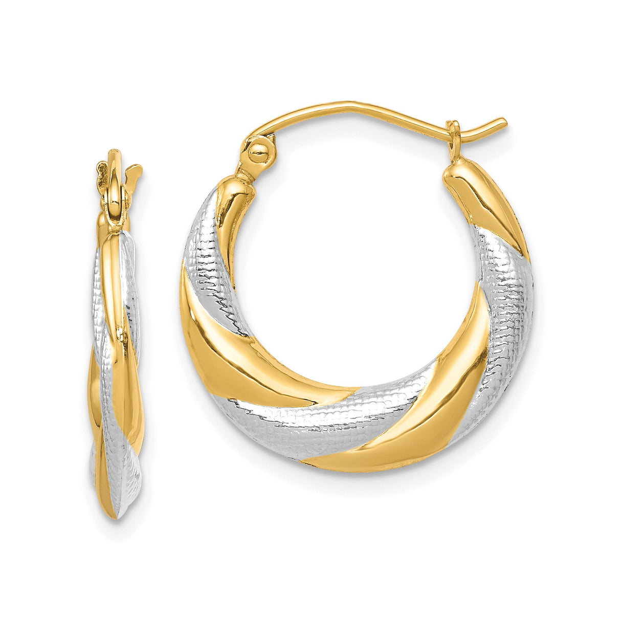 10k Yellow Gold Twisted Hoop Earrings, Two-Tone Rhodium Finish, Textured and Polished Design