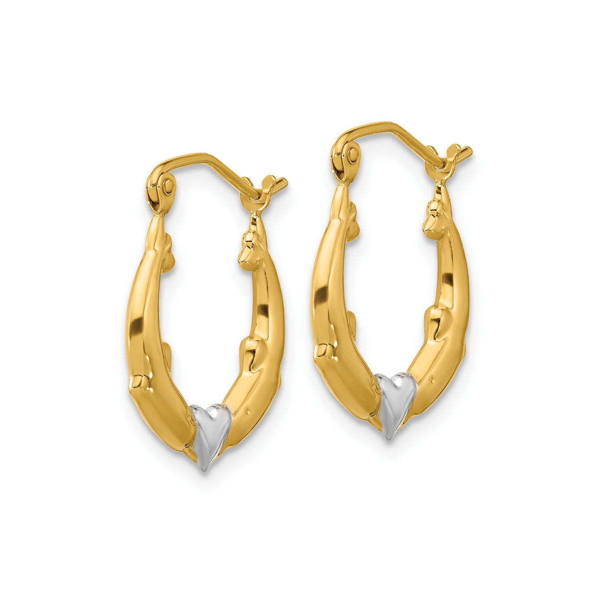 10k Yellow Gold Dolphin Heart Hoop Earrings with Rhodium Accents, Marine Theme for Women