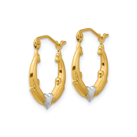 10k Yellow Gold Dolphin Heart Hoop Earrings with Rhodium Accents, Marine Theme for Women