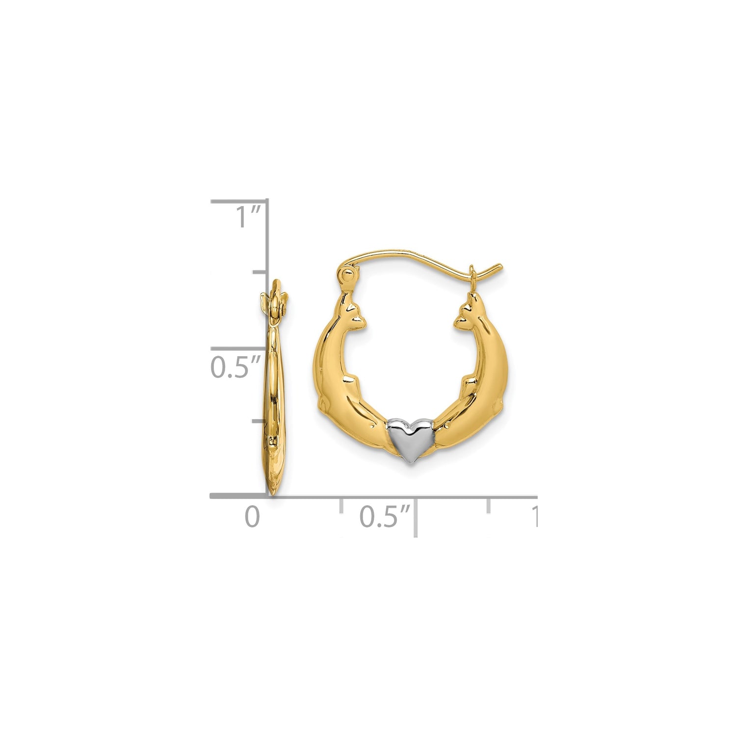 10k Yellow Gold Dolphin Heart Hoop Earrings with Rhodium Accents, Marine Theme for Women