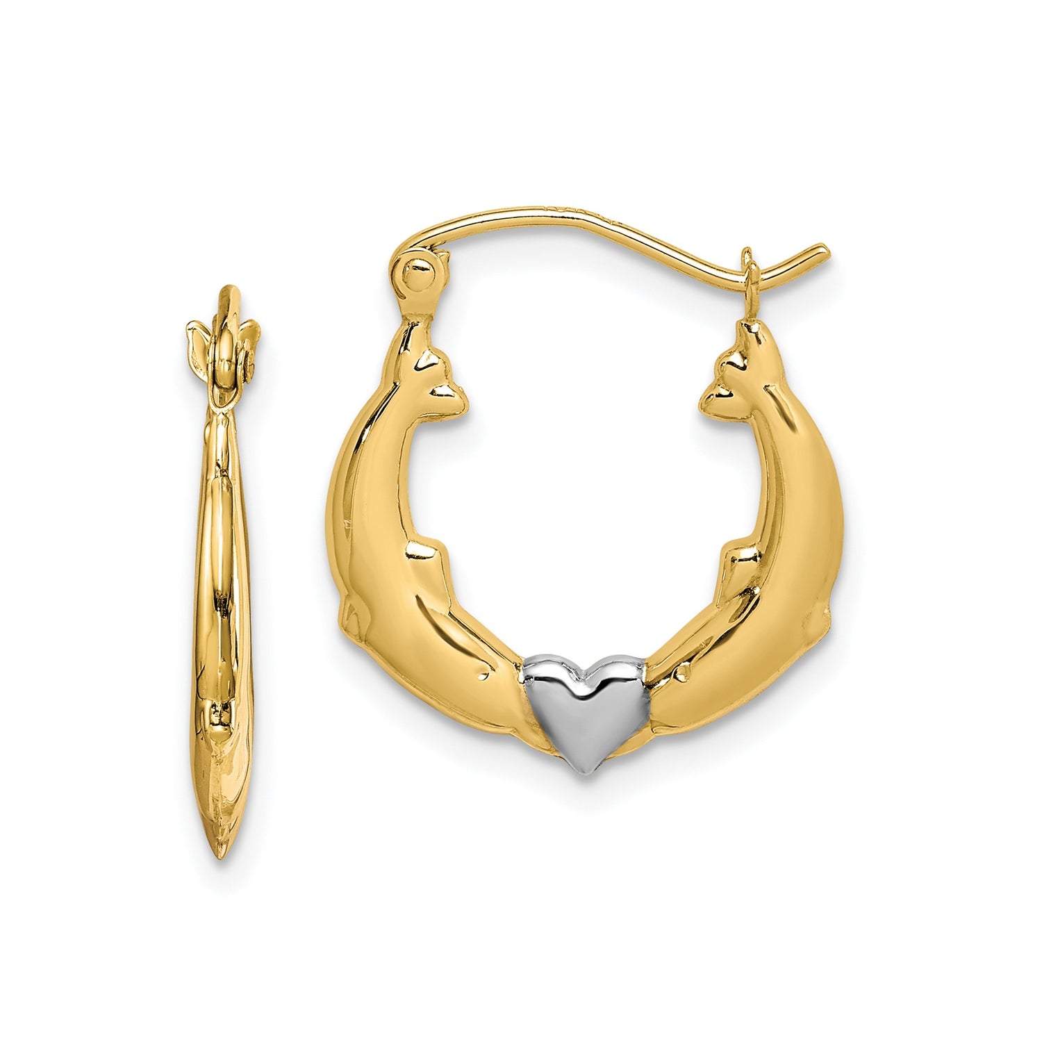 10k Yellow Gold Dolphin Heart Hoop Earrings with Rhodium Accents, Marine Theme for Women