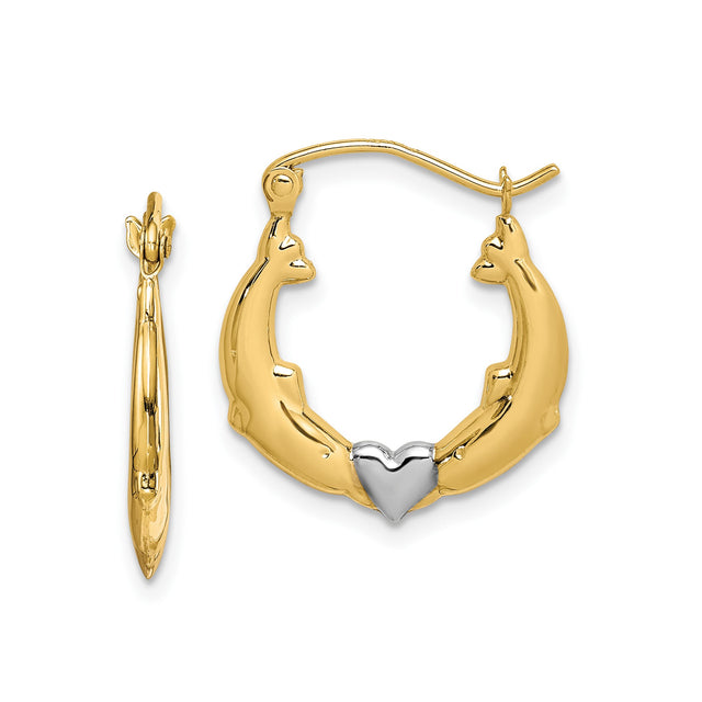 10k Yellow Gold Dolphin Heart Hoop Earrings with Rhodium Accents, Marine Theme for Women