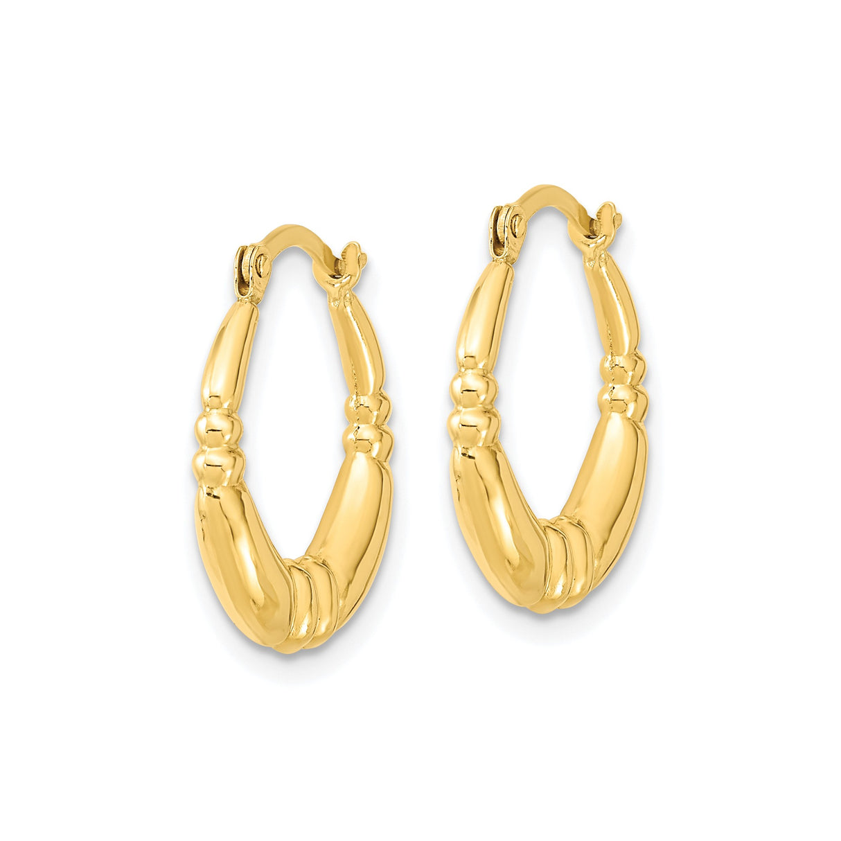 10k Yellow Gold Hoop Earrings, Bamboo Style with Polished and Textured Finish, Lightweight Design