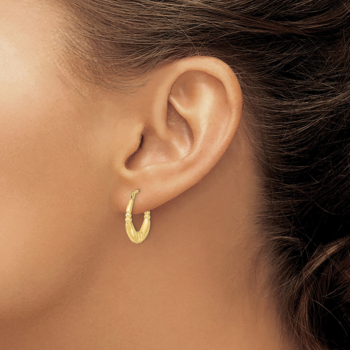 10k Yellow Gold Hoop Earrings, Bamboo Style with Polished and Textured Finish, Lightweight Design