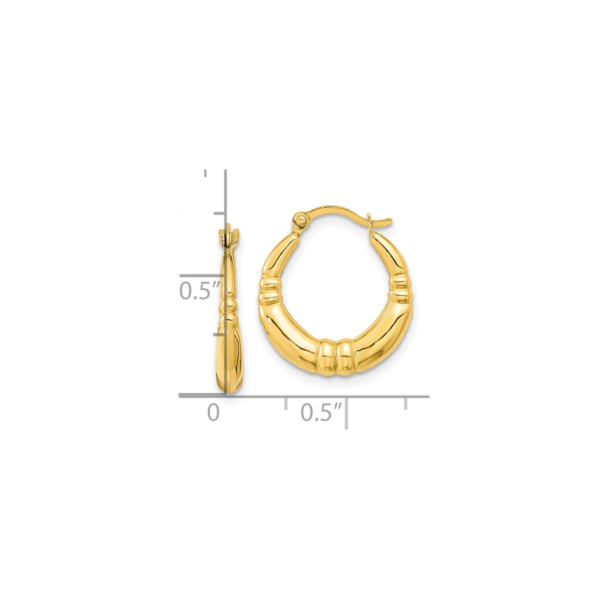 10k Yellow Gold Hoop Earrings, Bamboo Style with Polished and Textured Finish, Lightweight Design