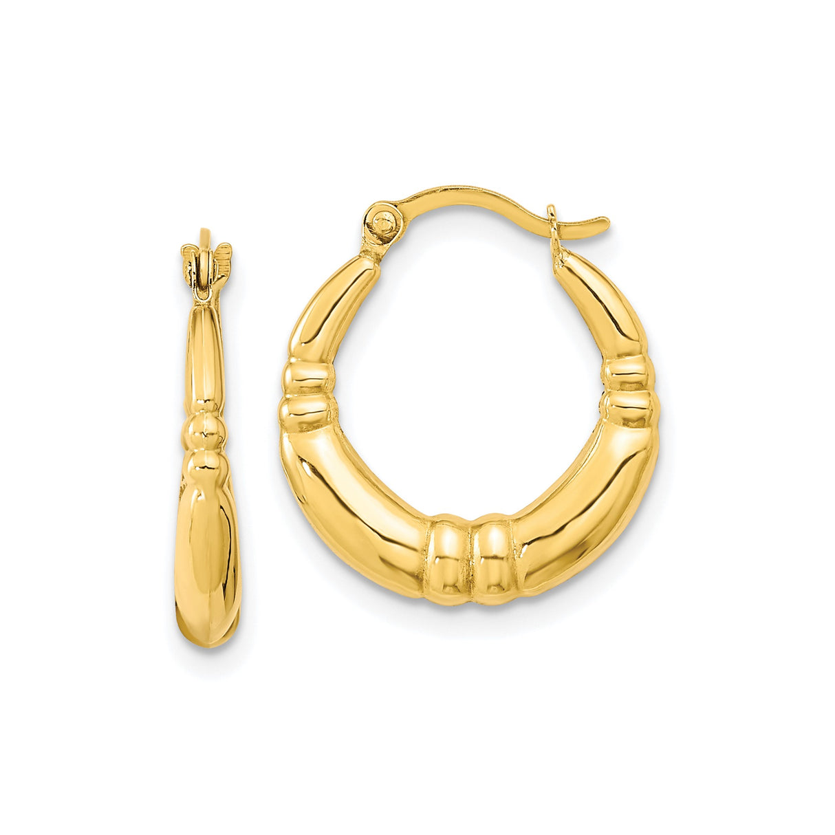 10k Yellow Gold Hoop Earrings, Bamboo Style with Polished and Textured Finish, Lightweight Design