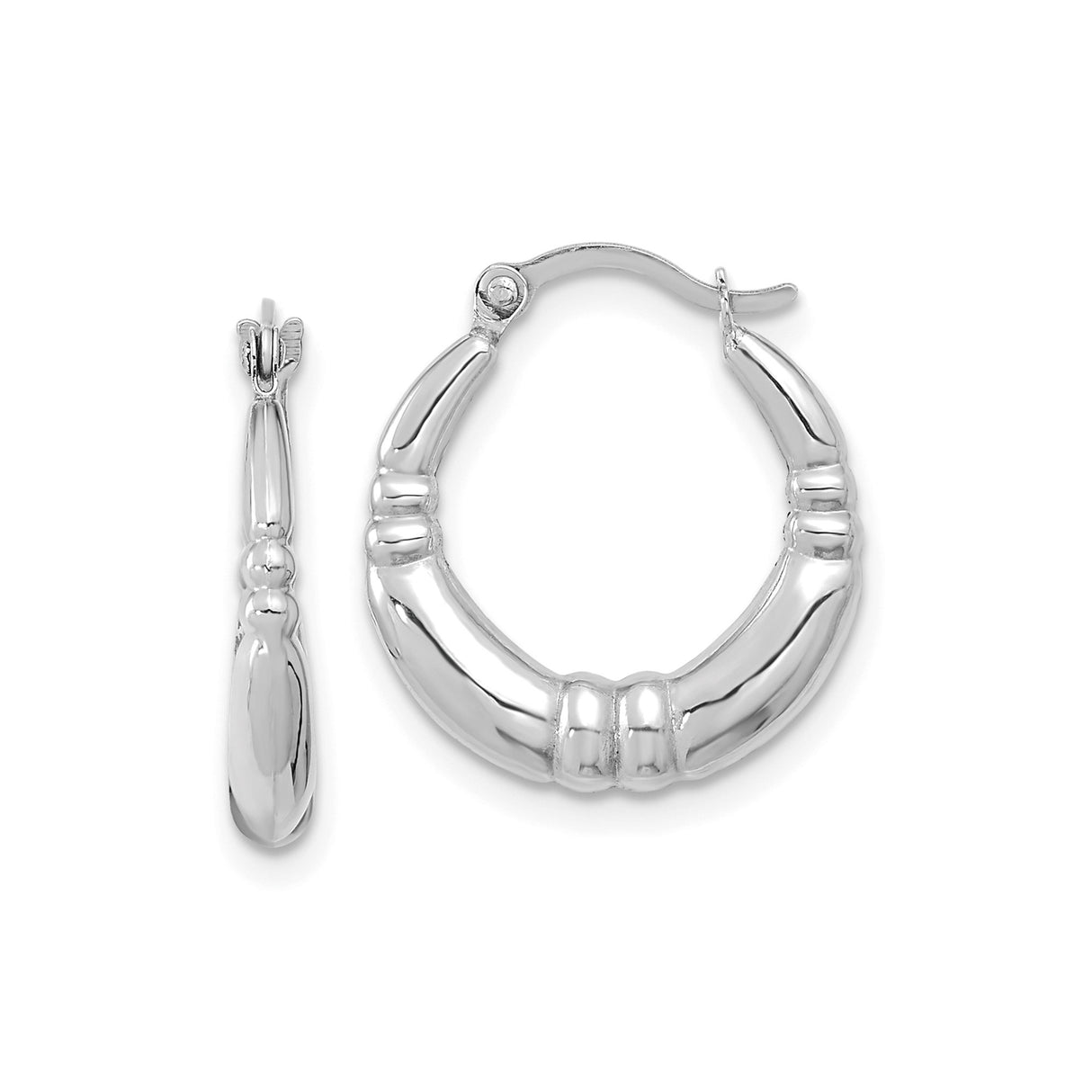 10k White Gold Hoop Earrings with Polished Bamboo Style Design, Lightweight and Modern Look