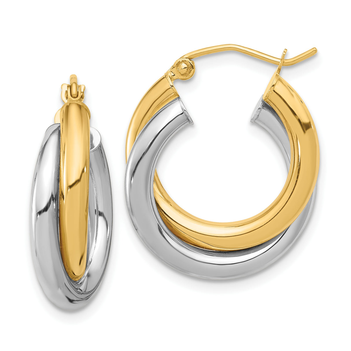 10k Yellow Gold Hoop Earrings, Two-Tone Interlocking Twisted Design for Women