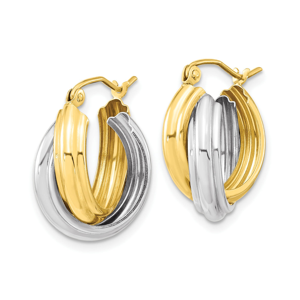 10k Yellow Gold Twisted Hoop Earrings, Two Tone Crossover Design, Lightweight Classic Style