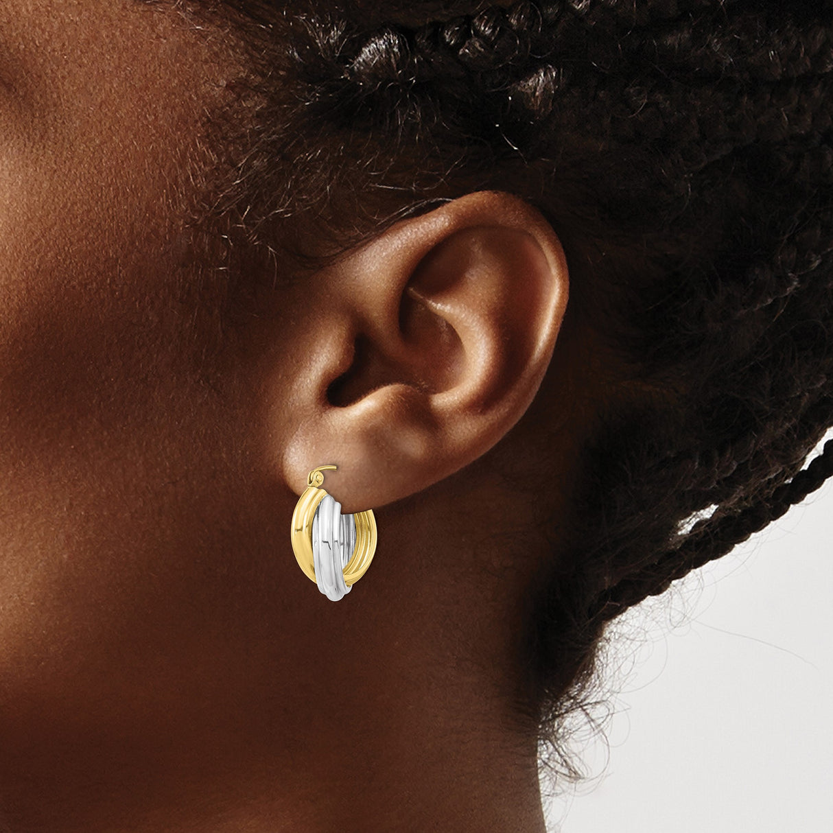 10k Yellow Gold Twisted Hoop Earrings, Two Tone Crossover Design, Lightweight Classic Style