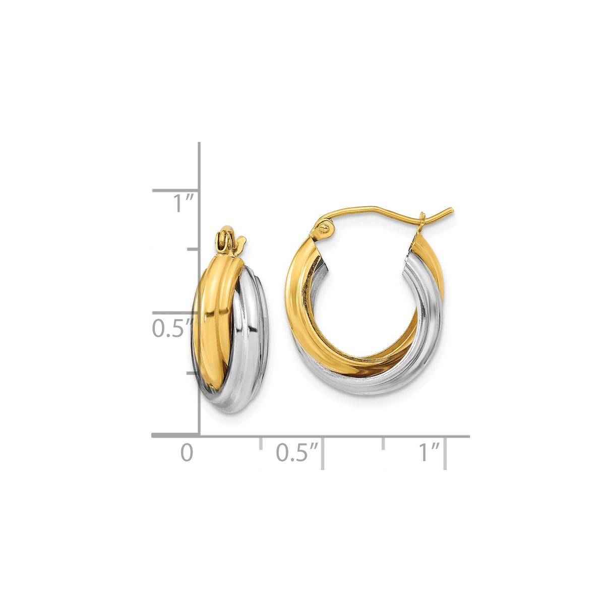10k Yellow Gold Twisted Hoop Earrings, Two Tone Crossover Design, Lightweight Classic Style