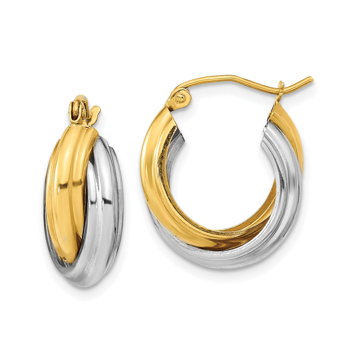 10k Yellow Gold Twisted Hoop Earrings, Two Tone Crossover Design, Lightweight Classic Style