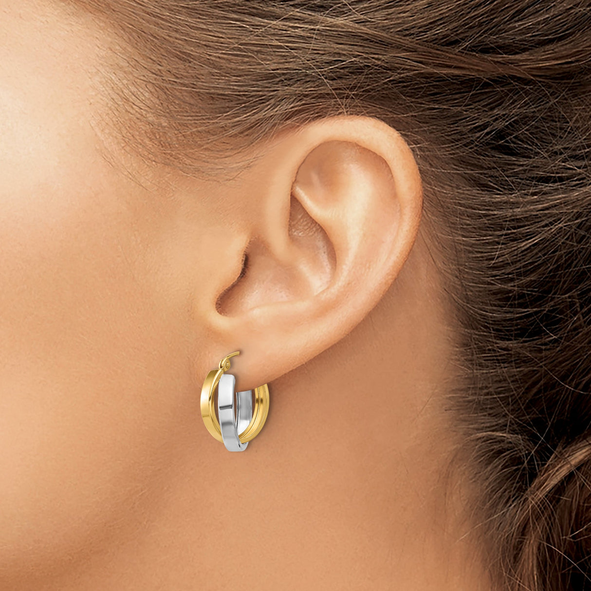 10k Yellow Gold Hoop Earrings with Polished Yellow and White Twist Design