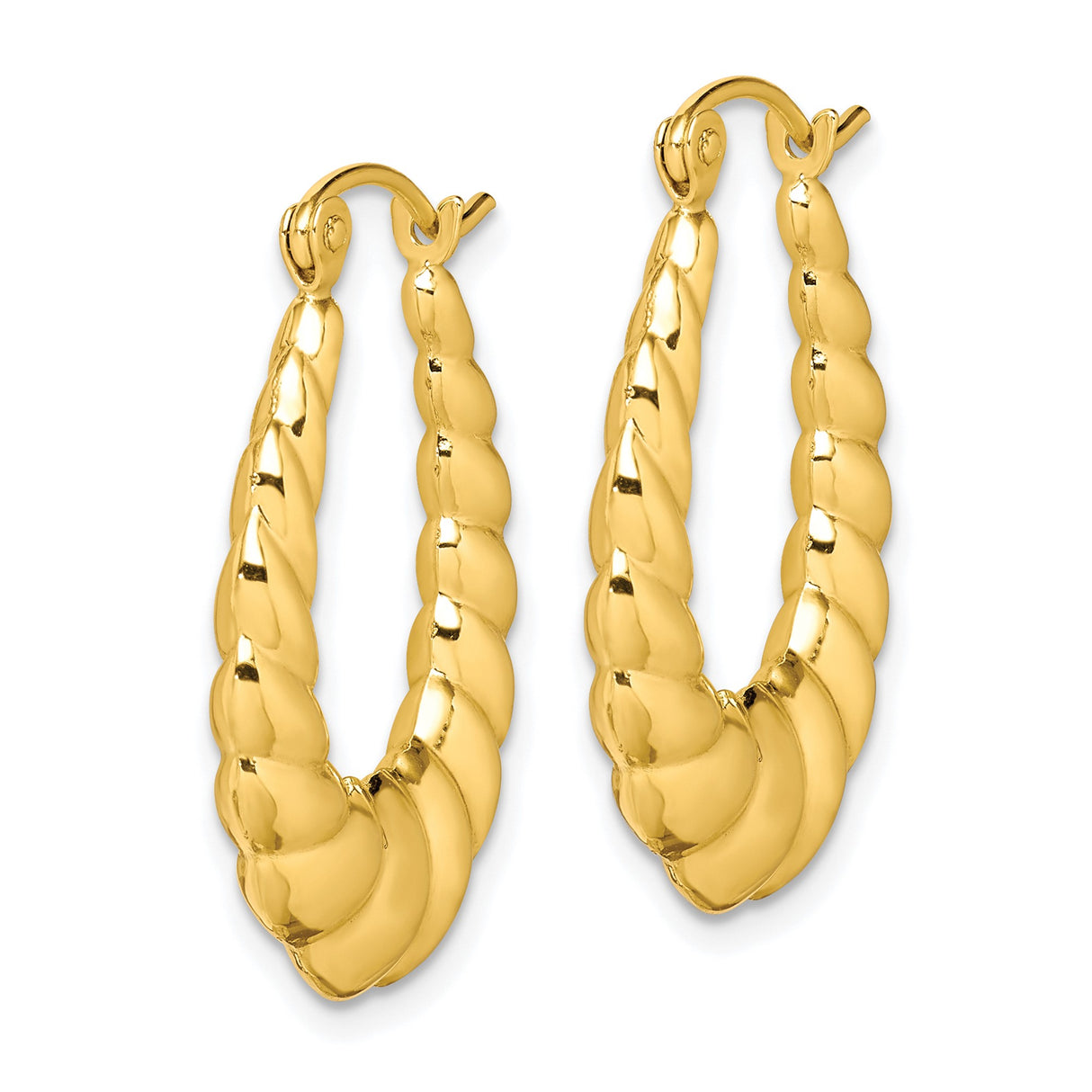 10k Yellow Gold Hoop Earrings, Twisted Scalloped Teardrop Design, Polished Finish, Lightweight Style