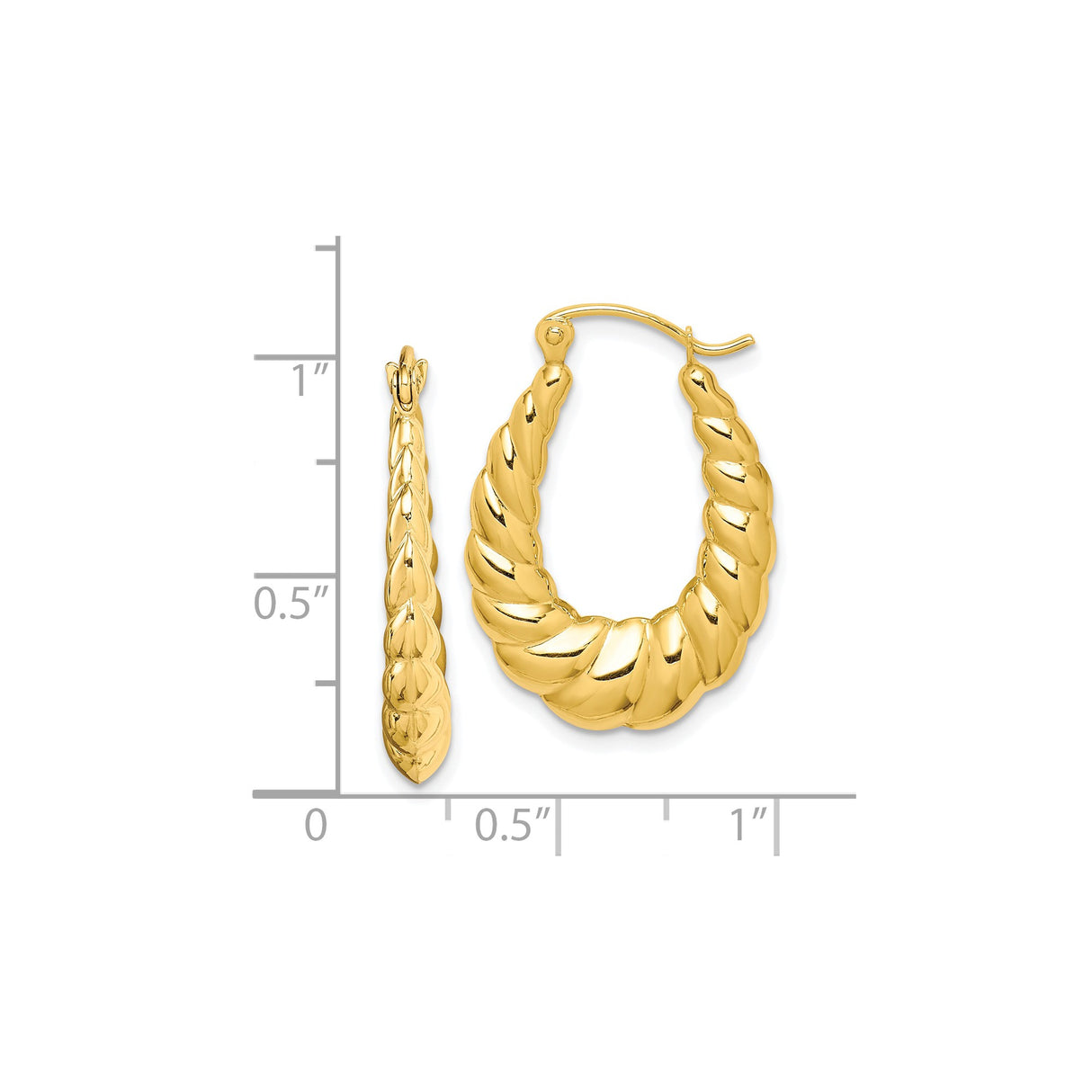 10k Yellow Gold Hoop Earrings, Twisted Scalloped Teardrop Design, Polished Finish, Lightweight Style