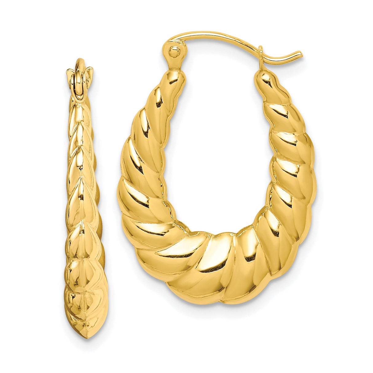 10k Yellow Gold Hoop Earrings, Twisted Scalloped Teardrop Design, Polished Finish, Lightweight Style