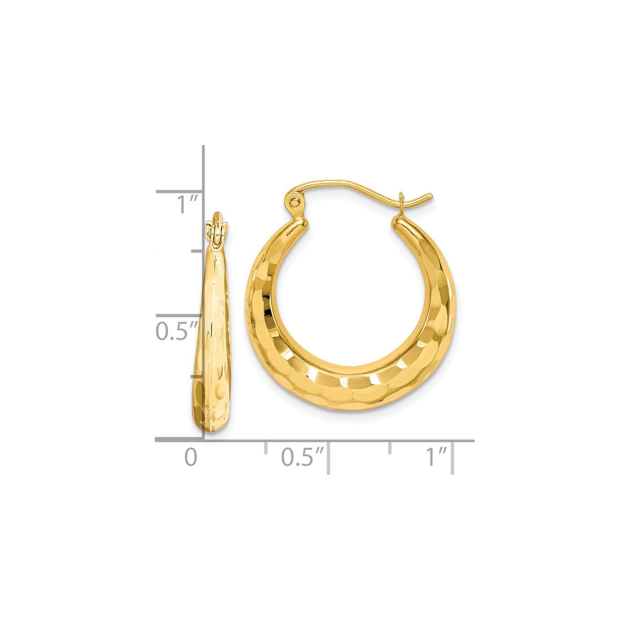 10k Yellow Gold Hoop Earrings, Hammered Textured Medium Round Design for Women
