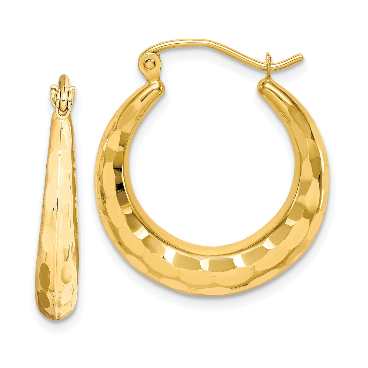 10k Yellow Gold Hoop Earrings, Hammered Textured Medium Round Design for Women