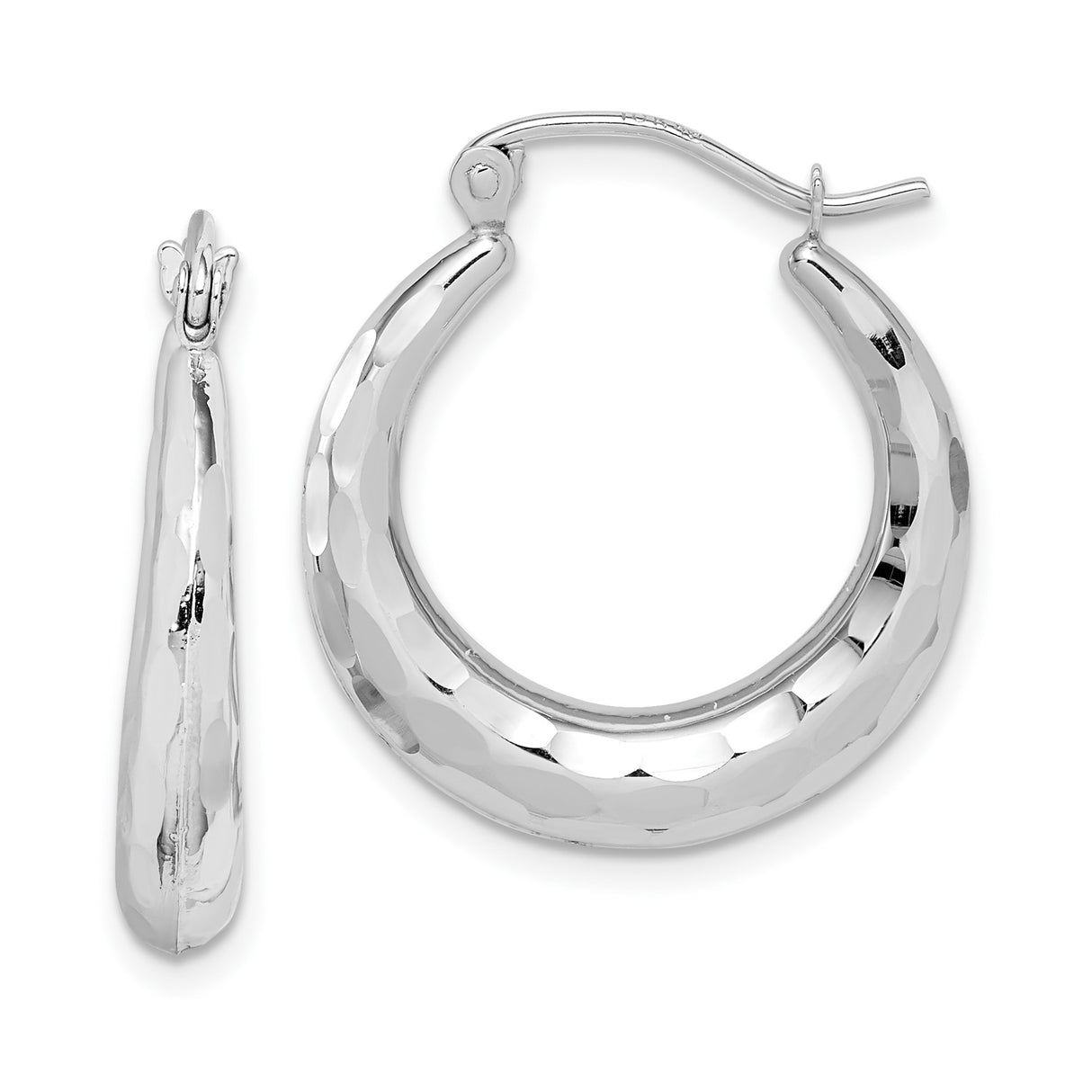 10k White Gold Hoop Earrings with Hammered Finish and Latch Closure