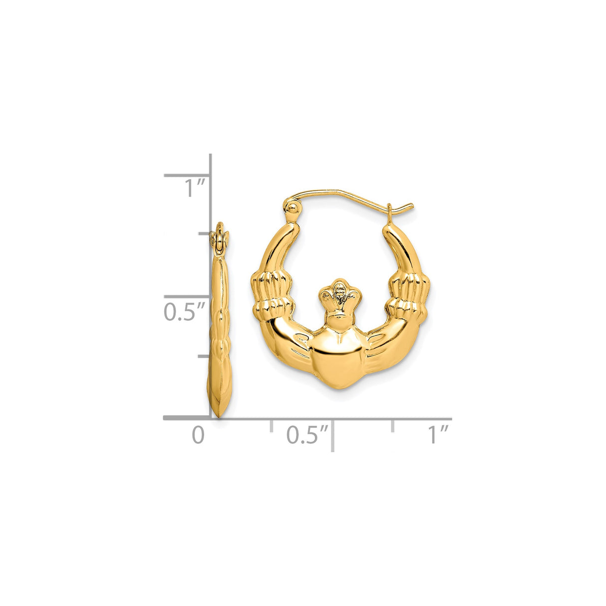 10k Yellow Gold Claddagh Hoop Earrings, Irish Heart Crown Hands Design, Celtic Jewelry for Women