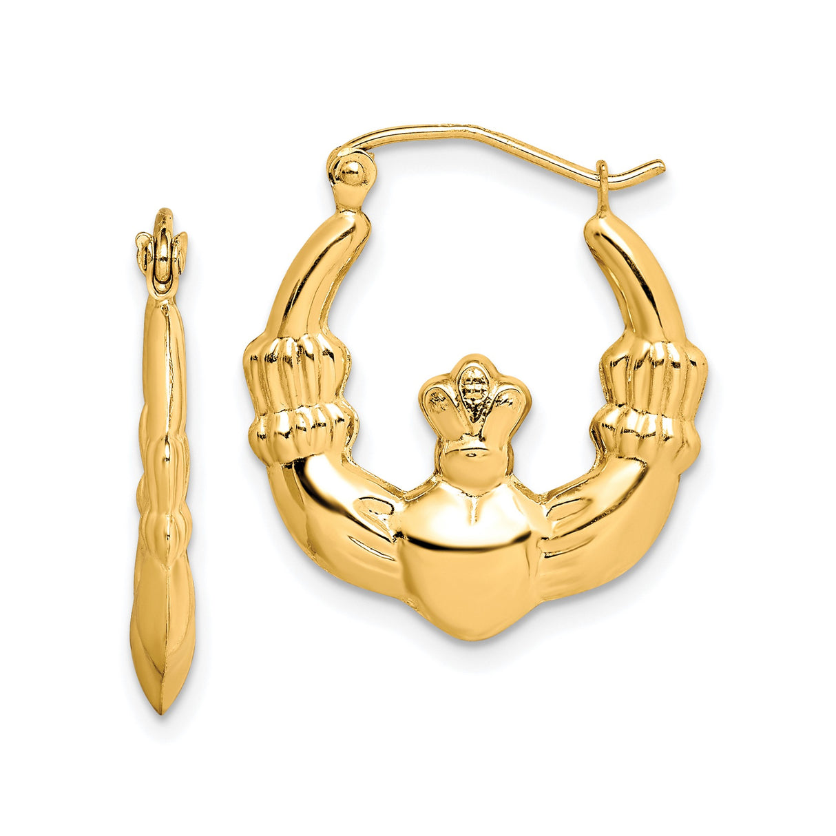 10k Yellow Gold Claddagh Hoop Earrings, Irish Heart Crown Hands Design, Celtic Jewelry for Women
