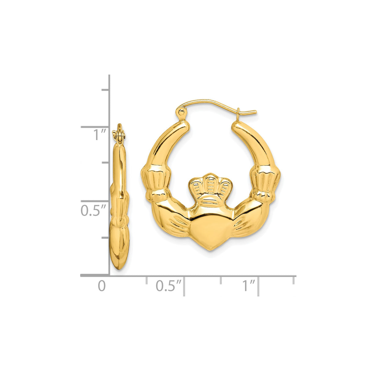 10k Yellow Gold Claddagh Hoop Earrings with Hands Heart Crown Design for Women