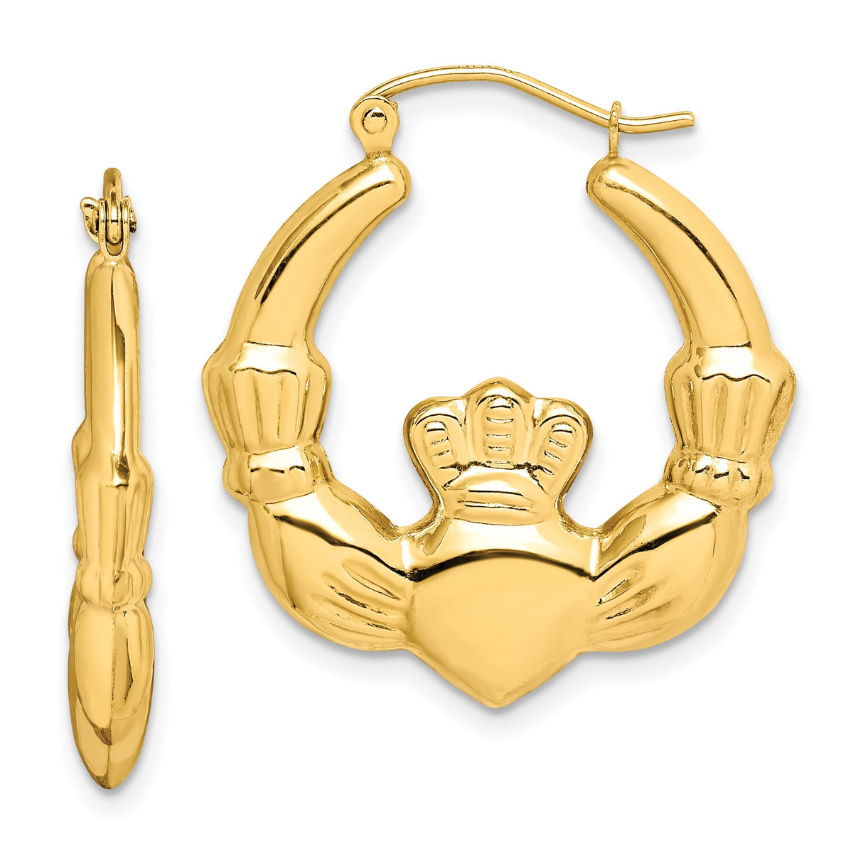 10k Yellow Gold Claddagh Hoop Earrings with Hands Heart Crown Design for Women