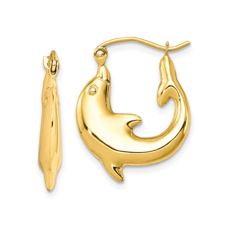 10k Yellow Gold Dolphin Hoop Earrings with Playful Marine Motif for Women