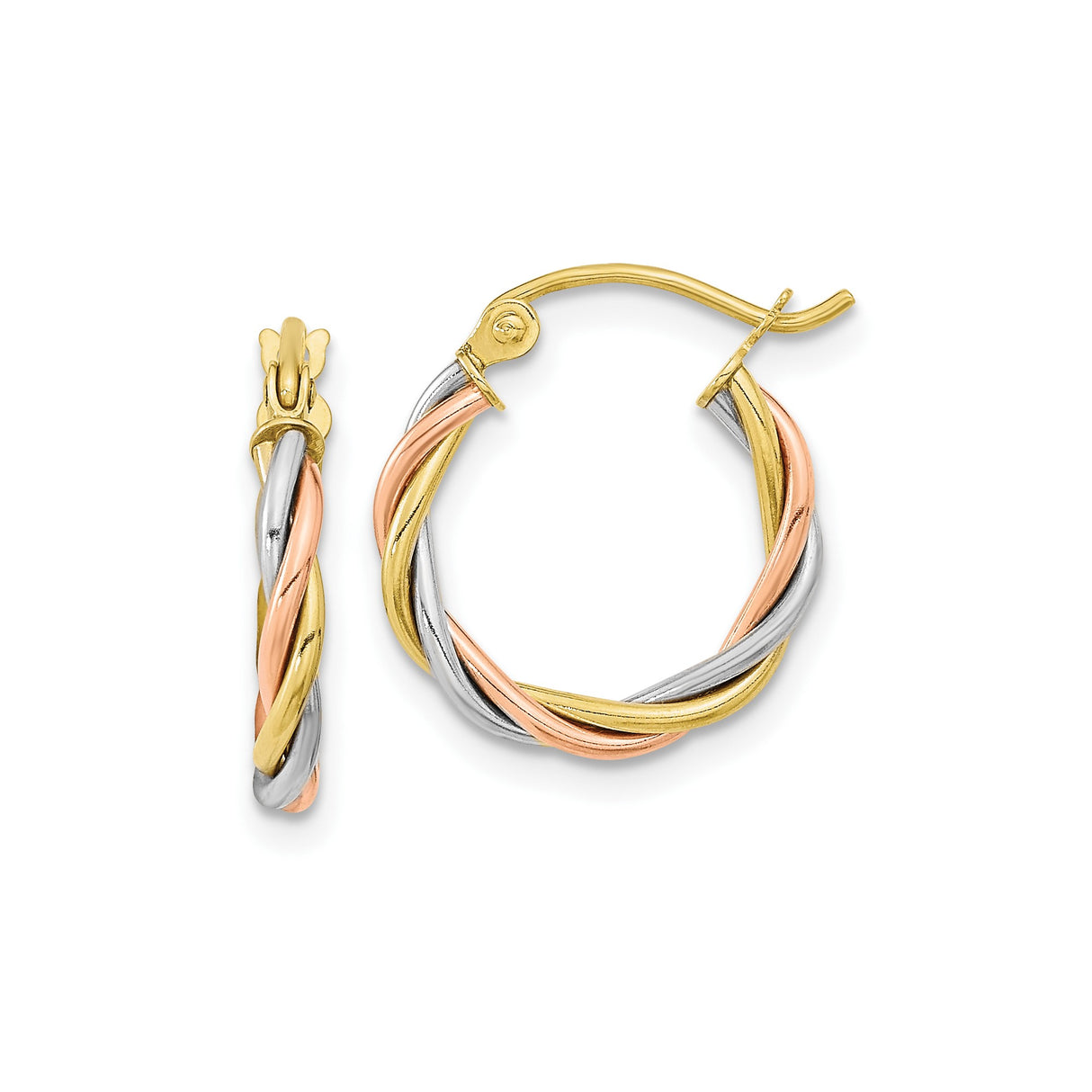 10k Tri-Color Gold Hoop Earrings, Twisted Intertwined Design, Lightweight for Women