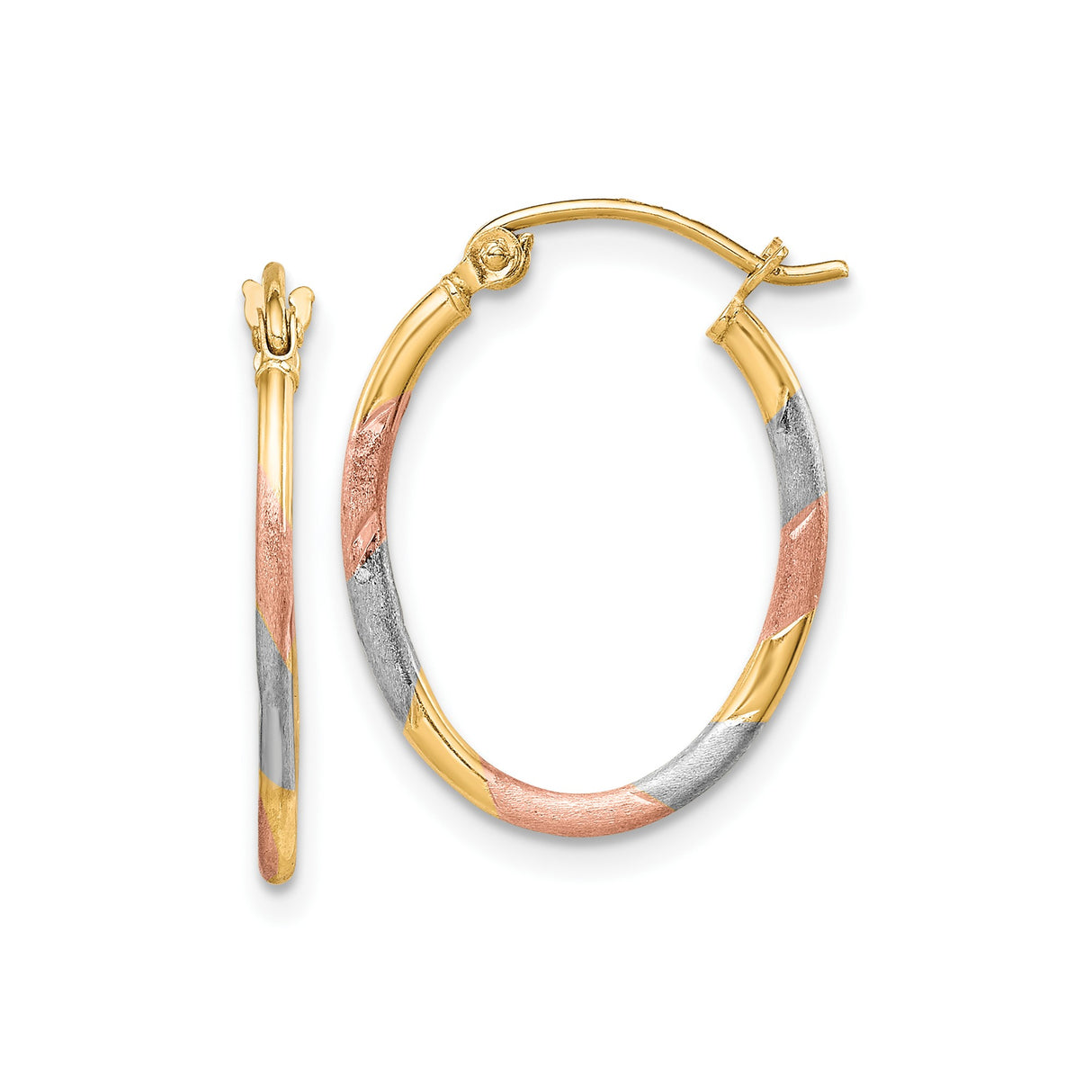 10k Yellow Gold Hoop Earrings, Tricolor Twisted Design with Rhodium and Rose Gold Accents
