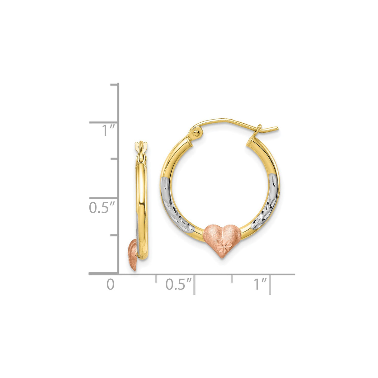 10k Yellow Gold Hoop Earrings with Rose Gold Heart Charm and Starburst Engraving