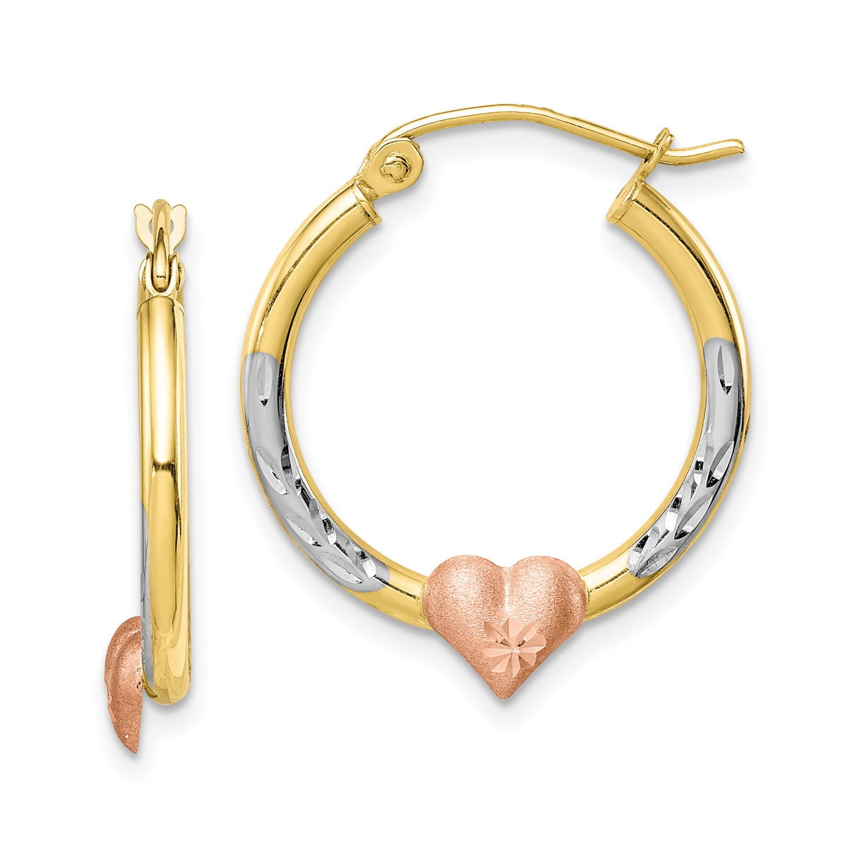 10k Yellow Gold Hoop Earrings with Rose Gold Heart Charm and Starburst Engraving